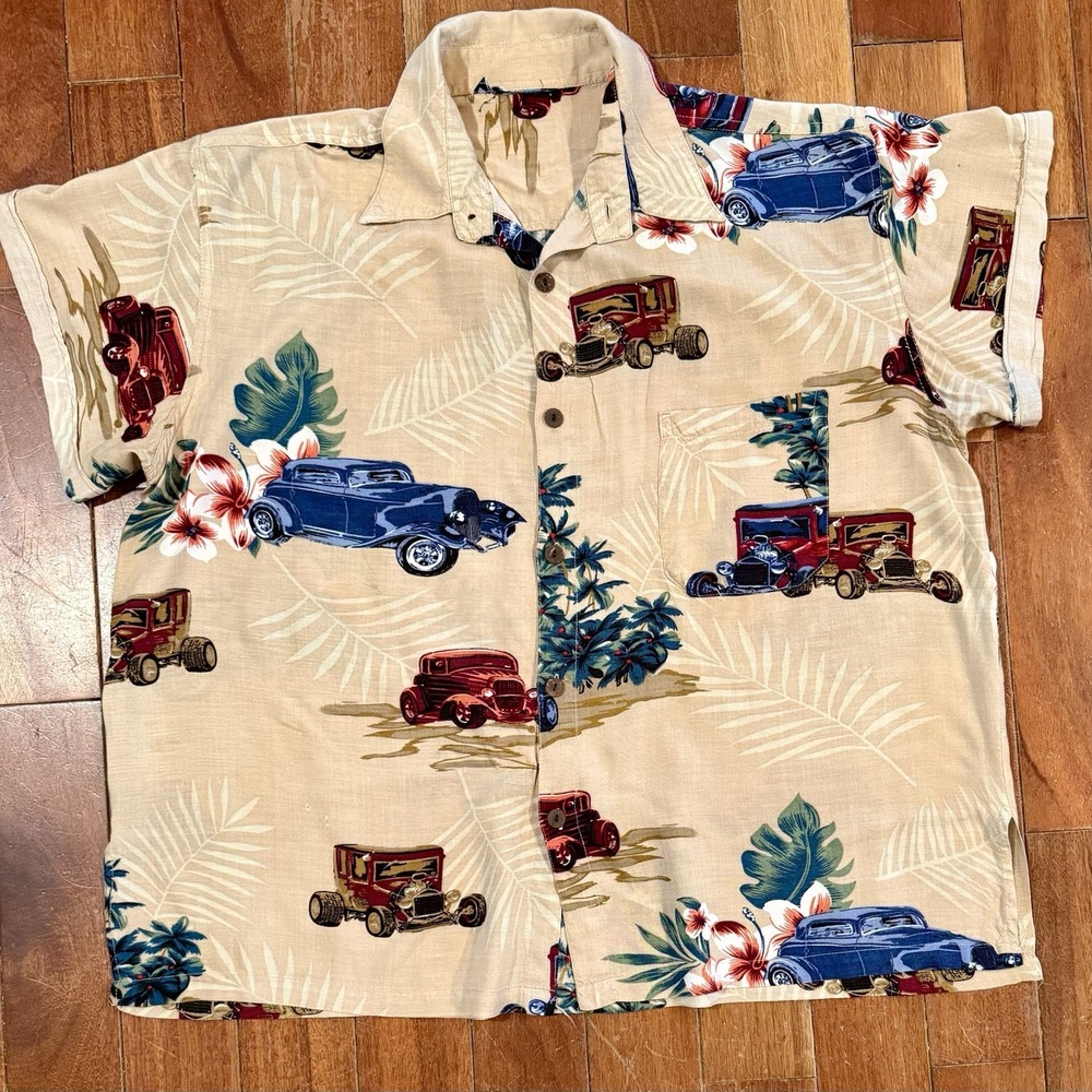 VTG Hawaiian Rayon Shirt Men Sz XL Short Sleeve Hawaii Classic Cars Rat Hot Rod